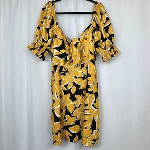 Womens Linen Blend Dress XL Floral Babydoll Puff Sleeve Tie Front Resortwear
